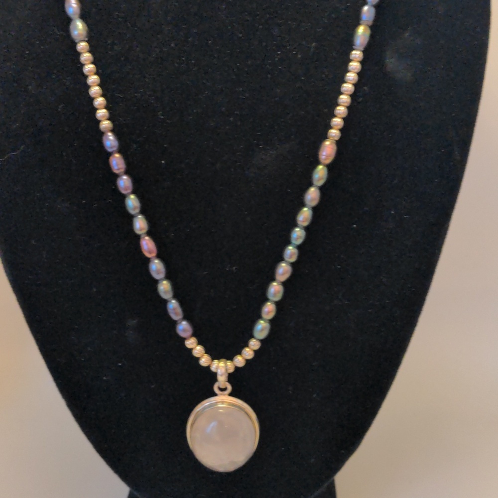 Rose Quartz, Peacock Pearls Silver Beaded Pendant Necklace, Vintage Genuine, 22"